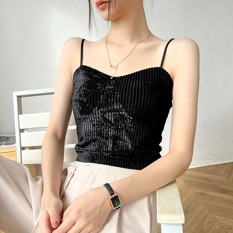 Women Sexy Slim Fit Ribbed Camisole Polyester Spandex Solid Color Pleated Thin Straps Summer Sleeveless Tank Top