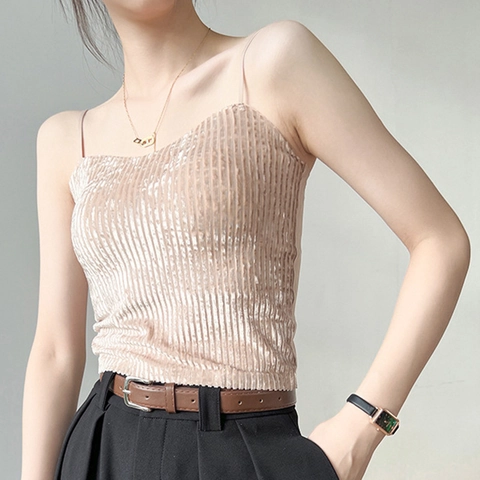 Women Sexy Slim Fit Ribbed Camisole Polyester Spandex Solid Color Pleated Thin Straps Summer Sleeveless Tank Top