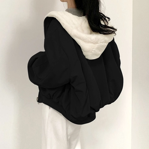 Women Plush Hooded Jacket Casual Solid Color Long Sleeve Zipper Coat Faux Fur Lining Thick Winter Outerwear For Ladies