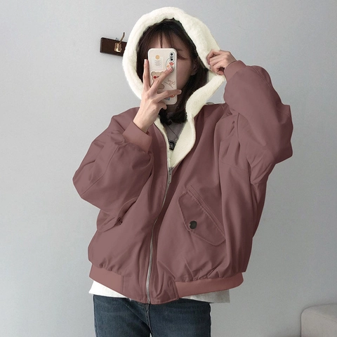 Women Plush Hooded Jacket Casual Solid Color Long Sleeve Zipper Coat Faux Fur Lining Thick Winter Outerwear For Ladies