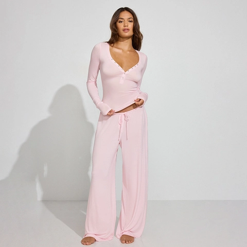 Conjunto de Ropa de Descanso Informal para Mujer Color Sólido Top Henley de Manga Larga y Pantalones de Pierna Ancha