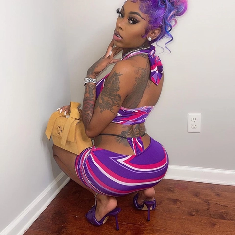 Women's Sexy Multicolor Striped Halter Neck Crop Top And Mini Skirt Top And Bottom Set