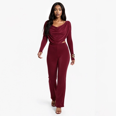Conjunto de Top de Manga Larga con Cuello Drapeado y Pantalones para Mujer Color Sólido Slim Fit Elegante Ropa Casual