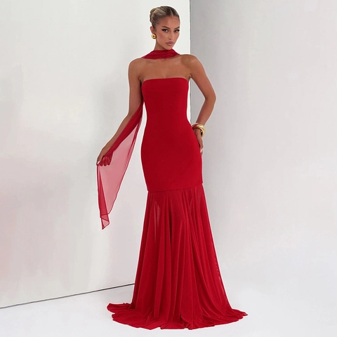 Elegantes Trägerloses Maxikleid Mit Chiffon-Patchwork Meerjungfrau-Saum Und Passendem Schal Für Damen Abendgesellschaft