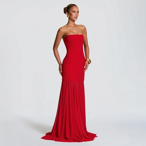 Elegantes Trägerloses Maxikleid Mit Chiffon-Patchwork Meerjungfrau-Saum Und Passendem Schal Für Damen Abendgesellschaft