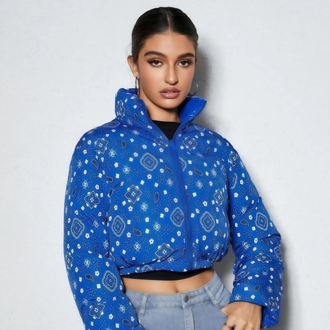 Women Reversible Cropped Puffer Jacket Paisley Bandana Camo Print Stand Collar Zipper Short Cotton Padded Coat Outwear