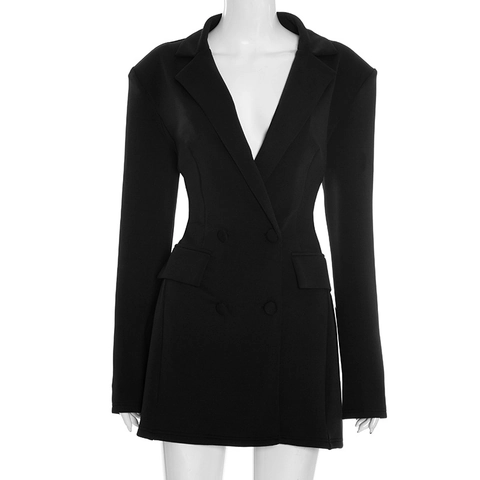 Women Elegant Double Breasted Suit Dress Slim Fit Long Sleeve Office Business Mini Blazer Dress Solid Color