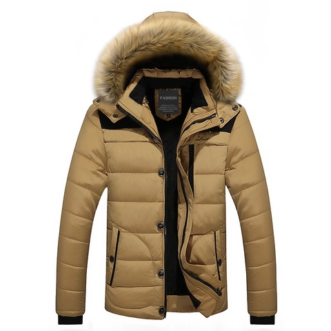 Men's Winter Thickened Warm Cotton-Padded Coat With Faux Fur Collar Hooded Casual Parka Outerwear Top