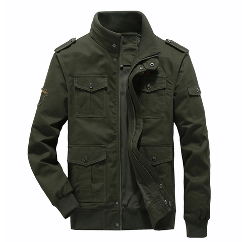 Men's Military Utility Jacket Cotton Stand Collar Multi-Pocket Cargo Outwear Windbreaker Casual Flight Bomber Jacket Plus Size