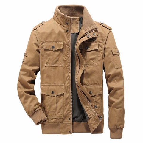 Men's Military Utility Jacket Cotton Stand Collar Multi-Pocket Cargo Outwear Windbreaker Casual Flight Bomber Jacket Plus Size
