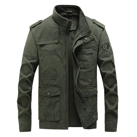 Herren Casual Tactical Cargo Jacke Baumwolle Gewaschen Militärstil Stehkragen Multi Tasche Outerwear Plus Size Mantel