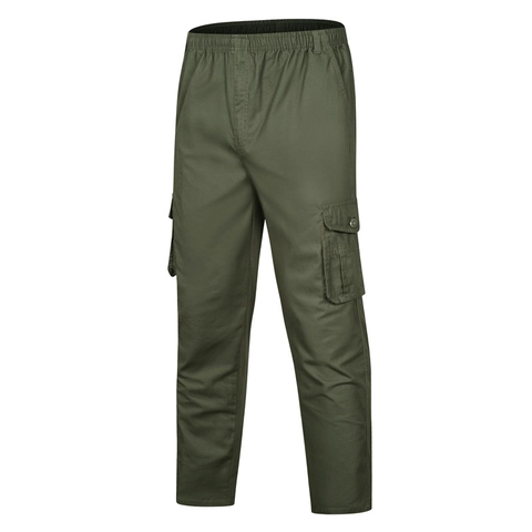 Men Casual Cotton Cargo Pants Multi Pocket Washed Straight Leg Outdoor Long Trousers With Elastic Waist For Spring Autumn