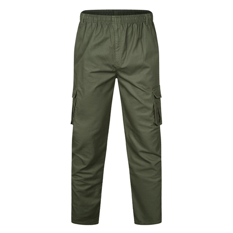 Men Casual Cotton Cargo Pants Multi Pocket Washed Straight Leg Outdoor Long Trousers With Elastic Waist For Spring Autumn