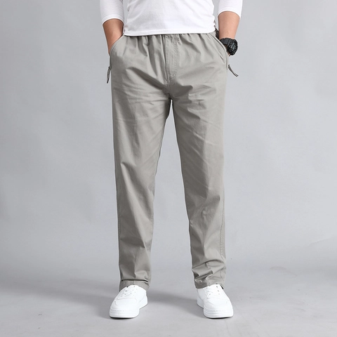 Men's Casual Pure Cotton Cargo Pants Loose Straight Leg Elastic Waist Drawstring Utility Multi-Pocket Long Trousers