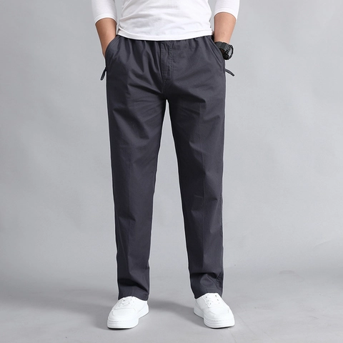 Men's Casual Pure Cotton Cargo Pants Loose Straight Leg Elastic Waist Drawstring Utility Multi-Pocket Long Trousers