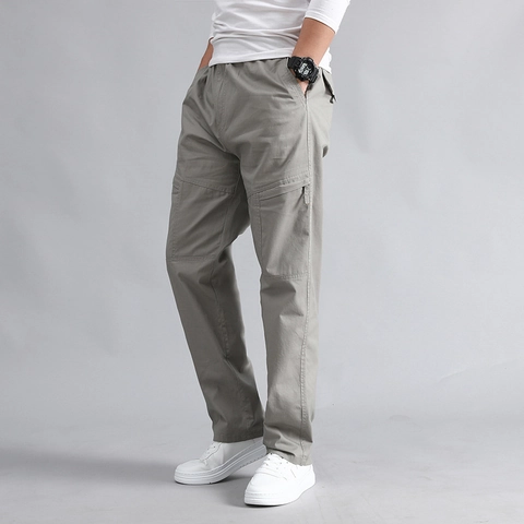 Men Casual Cargo Pants 100 Percent Cotton Multi Pocket Straight Leg Plus Size Outdoor Workwear Trousers Fashion Bottoms