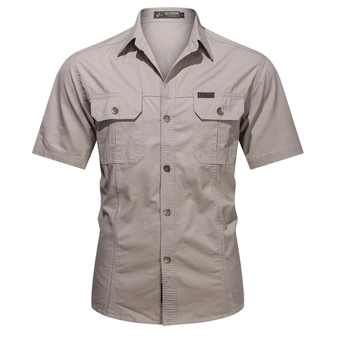 Men's Outdoor Tactical Work Shirt Cotton Short Sleeve Turn-Down Collar Double Pocket Solid Color Casual Utility Hiking Camping Top