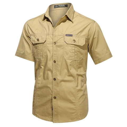 Men's Outdoor Tactical Work Shirt Cotton Short Sleeve Turn-Down Collar Double Pocket Solid Color Casual Utility Hiking Camping Top