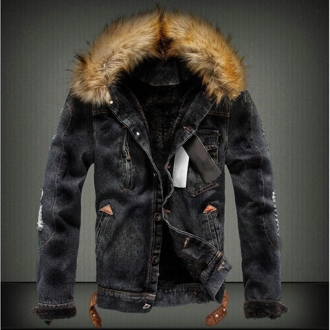 Giacca di Jeans Invernale da Uomo con Fodera in Pile Collo in Pelliccia Caldo Cotone Lavato per Outdoor Casual