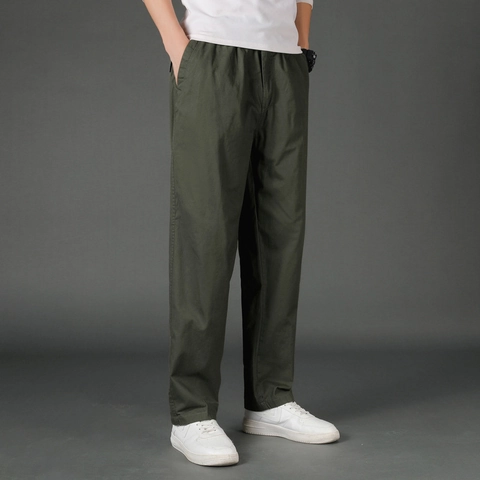 Men's Casual Cotton Straight Leg Pants Elastic Waist Drawstring Solid Color Loose Plus Size Cargo Workwear Long Trousers