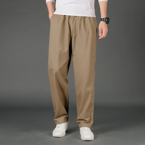Men's Casual Cotton Straight Leg Pants Elastic Waist Drawstring Solid Color Loose Plus Size Cargo Workwear Long Trousers