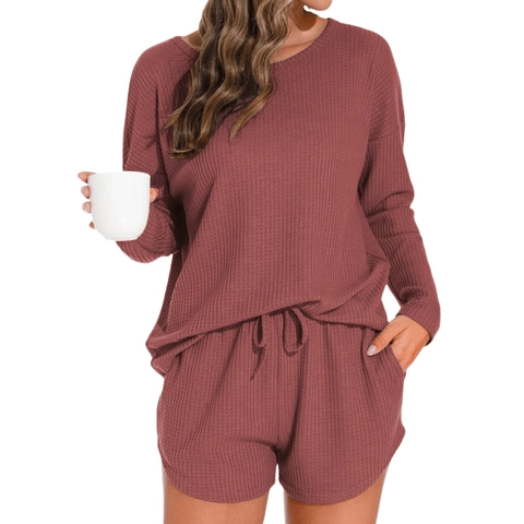 Abbigliamento Casa Donna Maglia Nido Ape Top Manica Lunga Girocollo E Pantaloncini Coulisse Pigiama Casual Home Wear