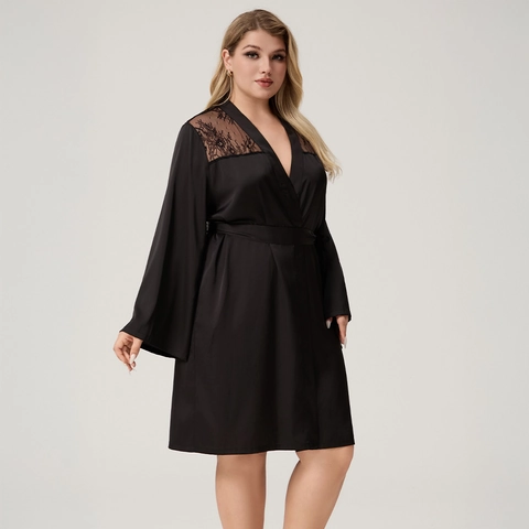 Bata de Satén Negra Sexy de Talla Grande para Mujer Manga Larga con Empalme de Encaje Cuello en V Ropa de Dormir Albornoz