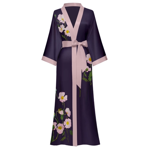 Bata de Kimono de Satén de Lujo para Mujer Manga Larga Estampado Floral Cuello en V Camisón con Cinturón Elegante Bata de Casa