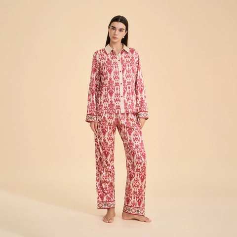 Pigiama da Donna in Chiffon di Raso con Motivo Ikat Etnico Top a Maniche Lunghe e Pantaloni Loungewear Morbido Comodo Abbigliamento da Notte