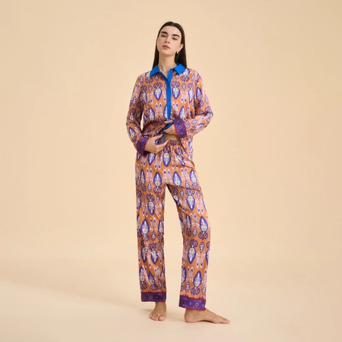 Pigiama da Donna in Chiffon di Raso con Motivo Ikat Etnico Top a Maniche Lunghe e Pantaloni Loungewear Morbido Comodo Abbigliamento da Notte