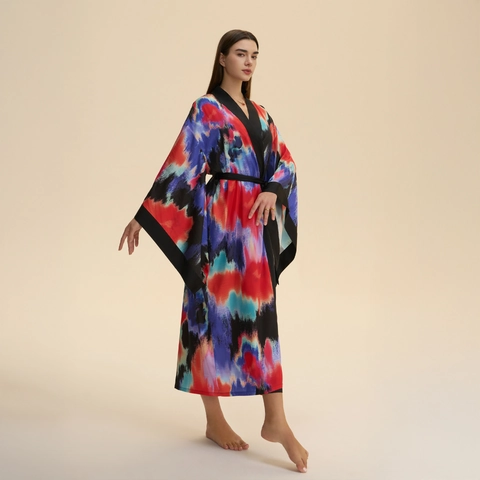 Women Long Satin Kimono Robe Abstract Artistic Print Wide Sleeve Loungewear Bathrobe With Belt For Summer Spa Vacation