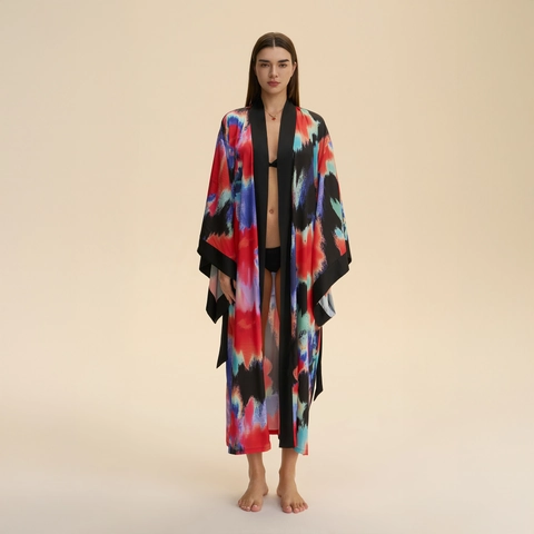 Women Long Satin Kimono Robe Abstract Artistic Print Wide Sleeve Loungewear Bathrobe With Belt For Summer Spa Vacation