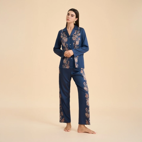 Elegante Set da Casa in Raso Donna Top E Pantaloni Stampa Floreale Paisley Vintage Pigiama Leggero Abbigliamento da Notte Loungewear Confortevole