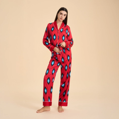 Set Pigiama in Satin da Donna con Stampa Etnica Ikat Top a Maniche Lunghe con Bottoni e Pantaloni Comodi Indumenti da Notte