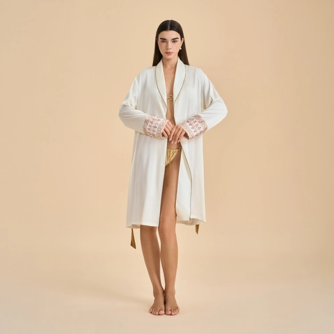Peignoir de Luxe en Satin pour Femmes Manches Longues Col Châle Chemise de Nuit Brodée Rétro Avec Ceinture