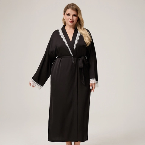 Vestaglia in Raso Taglie Forti Donna con Bordo in Pizzo Bianco Scollo a V Manica Lunga Cintura Elegante Camicia da Notte
