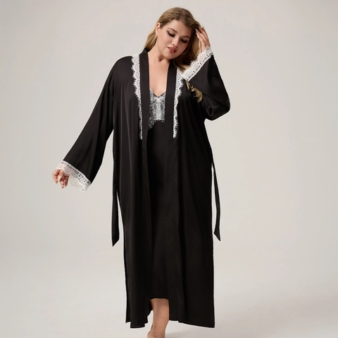 Vestaglia in Raso Taglie Forti Donna con Bordo in Pizzo Bianco Scollo a V Manica Lunga Cintura Elegante Camicia da Notte
