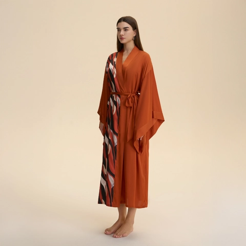 Bata Larga de Satén para Mujer Kimono Camisón Estampado Abstracto Manga Ancha Ropa de Dormir Albornoz Con Cinturón Cuello en V Ropa de Casa