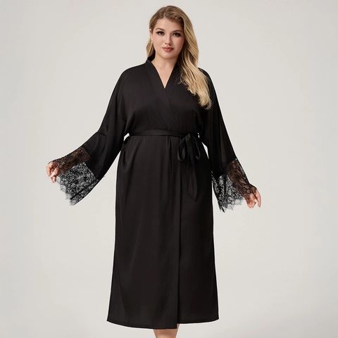 Bata de Satén de Talla Grande para Mujer Borde de Encaje Manga Larga Cuello en V Camisón Con Cinturón Elegante Suelto