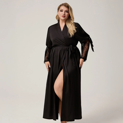 Women Plus Size Satin Nightgown Lace Splicing Long Sleeve V Neck Robe With Belt Luxury Elegant Loungewear Sleepwear