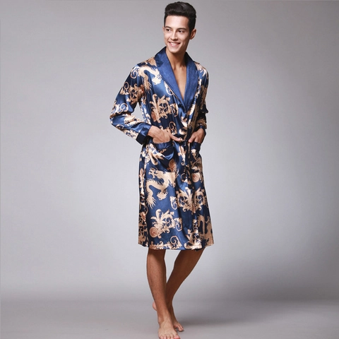 Albornoz de Satén para Hombre Manga Larga Lujo Estampado de Dragón Con Cinturón Cuello Chal Ropa de Dormir para Hombre