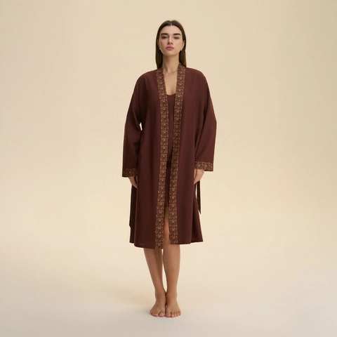 Γυναικείο Σετ Νυχτικό Ethnic Satin Μακριά Ρόμπα Και Φανελάκι Δύο Τεμαχίων Κομψό V-Λαιμόκοψη Ρούχα Σπιτιού Καλοκαιρινά