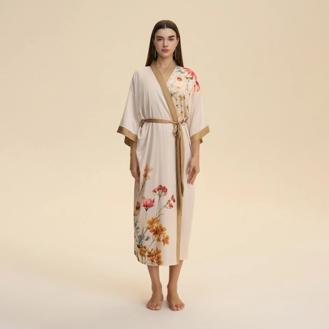 Lussuosa Vestaglia in Raso con Stampa Floreale da Donna Kimono Scollo a V Camicia da Notte Lunga Vita da Annodare Accappatoio da Sposa