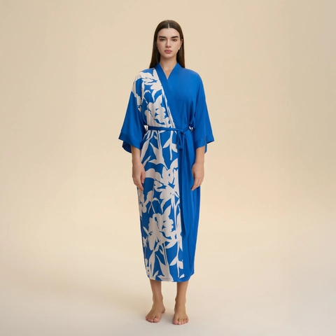 Women Satin Kimono Robe Long Floral Print Bathrobe V Neck Nightgown With Waist Tie Loungewear Casual Home Wear Sleepwear