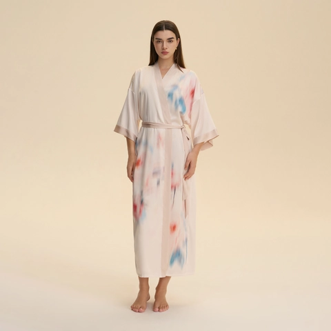 Lussuosa Vestaglia in Raso con Stampa Floreale da Donna Kimono Scollo a V Camicia da Notte Lunga Vita da Annodare Accappatoio da Sposa