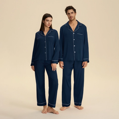 Pigiama Set in Satin Coppia Manica Lunga Bottoni Nachtwäsche Con Bordi a Contrasto Morbido Loungewear Per Uomo Donna Due Pezzi