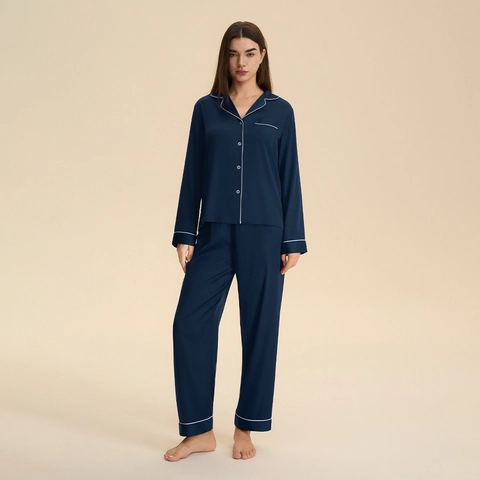 Pigiama Set in Satin Coppia Manica Lunga Bottoni Nachtwäsche Con Bordi a Contrasto Morbido Loungewear Per Uomo Donna Due Pezzi