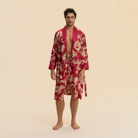 Men's Satin Robe And Shorts Luxury Dragon Baroque Print Long Sleeve Nightgown Comfortable Homewear Sleepwear Pajamas