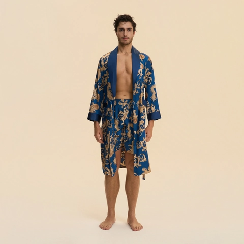 Men's Satin Robe And Shorts Luxury Dragon Baroque Print Long Sleeve Nightgown Comfortable Homewear Sleepwear Pajamas