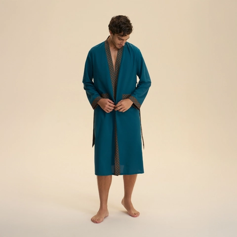 Men Satin Robe Vintage Geometric Trim Long Sleeve Nightgown And Shorts Set Luxurious Hotel Loungewear Bathrobe For Men